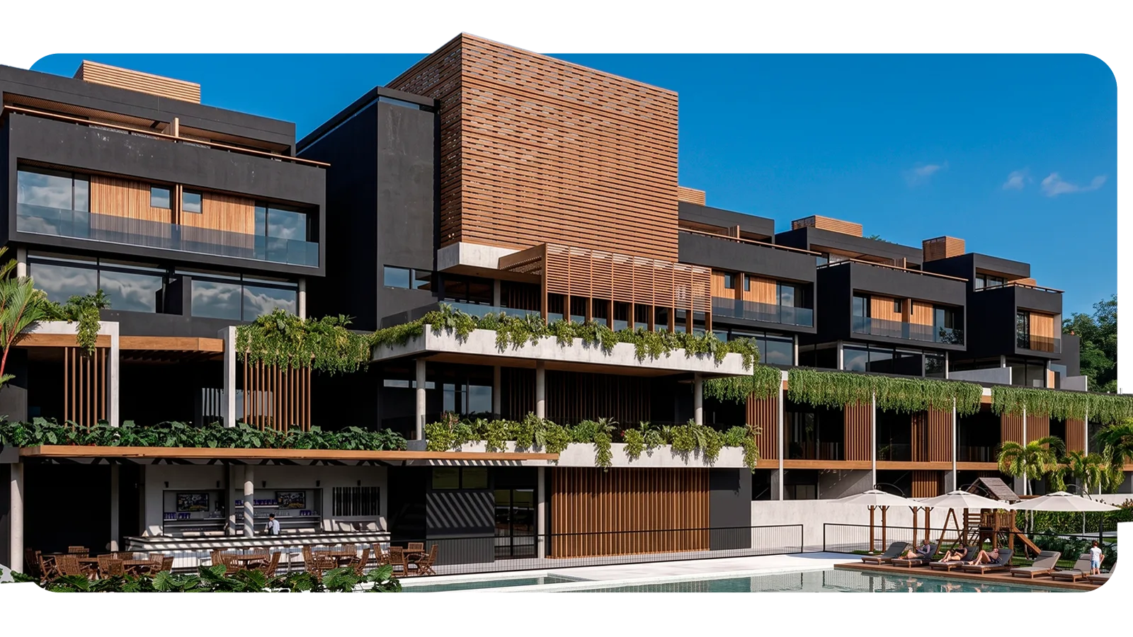 Empreendimento Reserva Vereda: fachada de alto padrão em madeira e concreto, com piscina, paisagismo e céu aberto