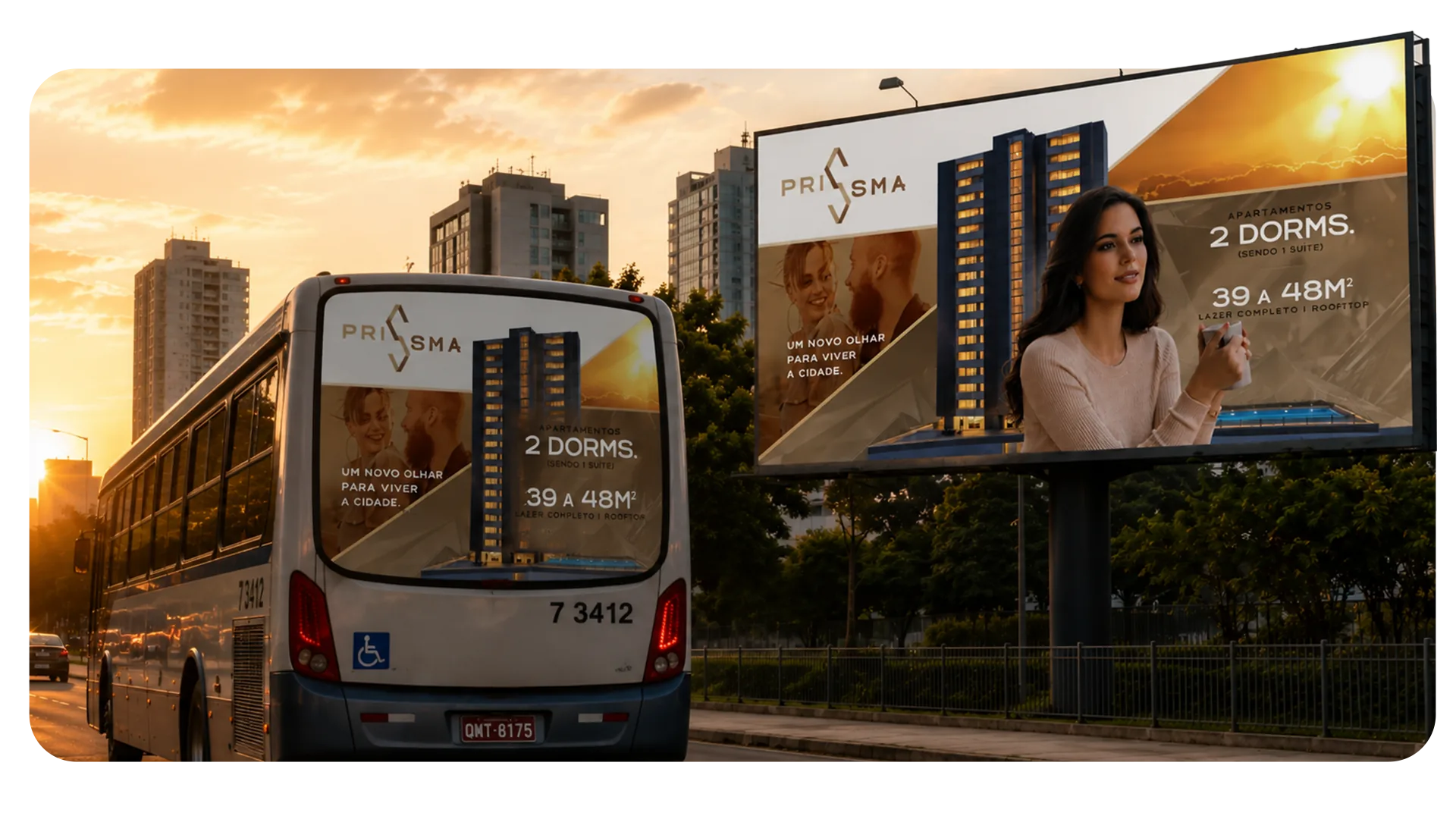 Outdoor do lançamento Prisma em mídia exterior, com key visual e chamada de vendas